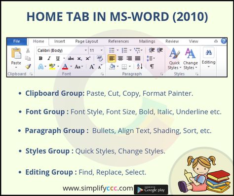 Home Tab in MS-Word (2010)   #CCC #SimplifyCCC #NIELIT   --------INSTALL NOW-------- https://play.google.com/store/apps/details?id=com.simplifyccc Scratch Programming, Word App, Computer Applications, Word Program, Computer Shortcut Keys, Computer Lessons, Learn Computer Science, Learn Computer, Computer Projects