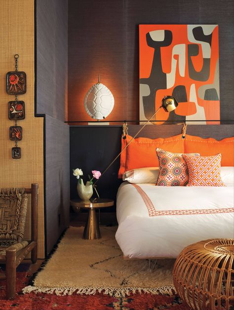 Orange plays a part in the decor at the home of Jonathan Adler and Simon Doonan year-round. Black And Orange Bedroom, Jonathan Adler Bedroom, Orange Bedrooms, Closet Doors Painted, Orange Interiors, Bedside Decor, Orange Room, Orange Rooms, Sleeping Well