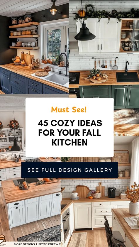 Transform your kitchen into a warm and inviting space that embraces the fall season. This collection of 45 cozy kitchen ideas highlights using natural materials, warm colors, and seasonal decorations that create the perfect fall ambiance. Incorporate elements such as rustic wood, rich spices, and festive décor to welcome family and friends as temperatures drop. From amazing autumn recipes to practical storage solutions, discover how to design a kitchen that feels cozy for family gatherings and festive baking sessions during the harvest season. Cabincore Kitchen, Log Cabin Homes Interior Kitchen, Witchy Kitchen Ideas, Fall Kitchen Ideas, Cozy Fall Kitchen, Cozy Kitchen Ideas, Fall Ambiance, Grandma Kitchen, Cozy Kitchen Decor