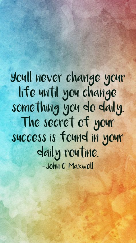 You'll never change your life until you change something you do daily. The secret of your success is found in your daily routine. -John C. Maxwell   From the Motivation app: http://itunes.apple.com/app/id876080126?at=11lv8V&ct=shmotivation Routine Quotes, Anthony Robbins, Motivation App, Inspirational Quotes Wallpapers, Motivational Quotes Wallpaper, Healing Affirmations, Bullet Journal Themes, Philosophy Quotes, Never Change