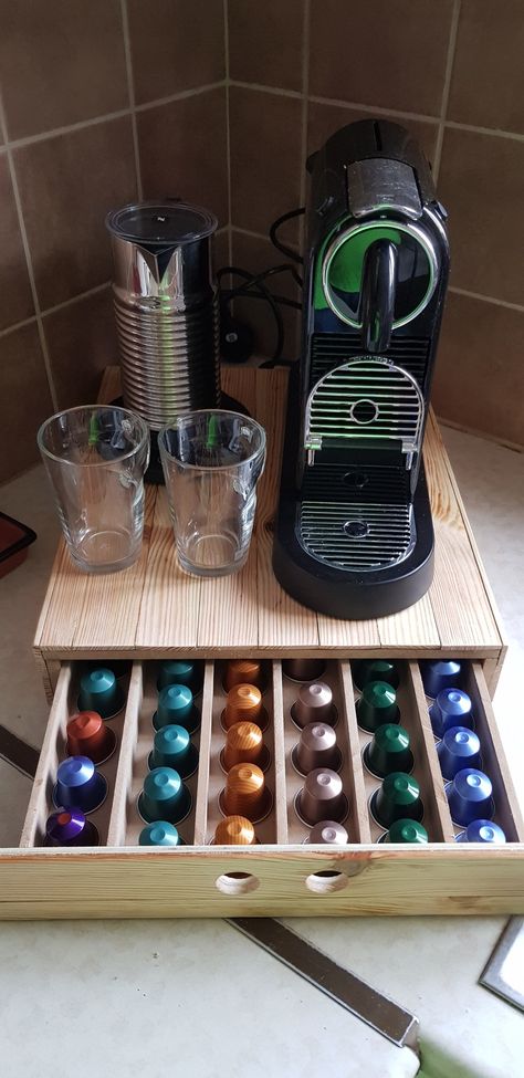 Nesspreso Pod Storage Ideas, Coffee Machine Pod Storage, Nesspreso Pod Storage, Coffee Station Ideas Nespresso, Espresso Pod Storage, Nespresso Original Pod Storage, Nespresso Storage Ideas, Diy Nespresso Pod Holder, Coffee Station Nespresso