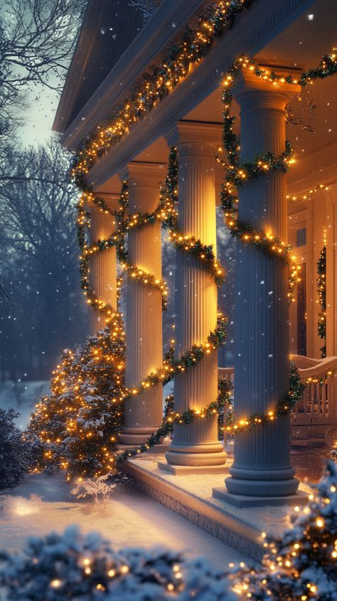 Christmas-decorated front porch with lighted garland and wrapped pillars, set against a snowy winter backdrop. Decorate Porch Columns For Christmas, Christmas Pillar Decor, Luxury Christmas Decor, Rustic Front Door, Front Door Styles, Porch Columns, Rustic Porch, Winter Porch, Cozy Rugs