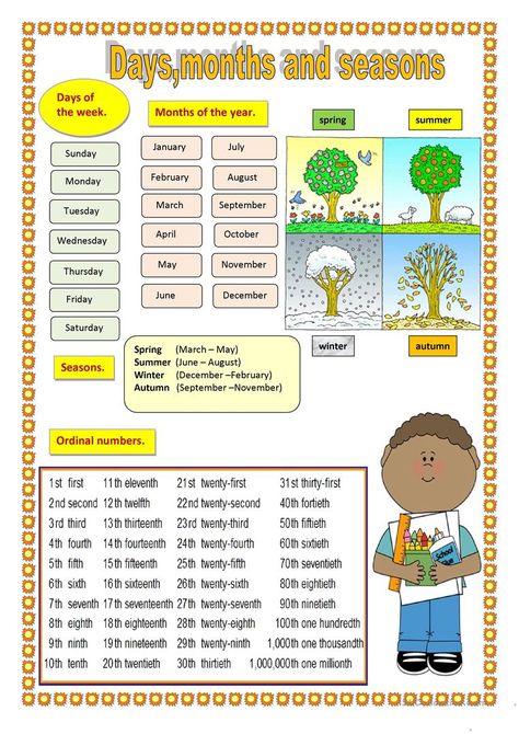 Months In English, Months And Seasons, Seasons Worksheets, English Day, English Grammar For Kids, Ordinal Numbers, Seasons Months, Days And Months, Esl Worksheets