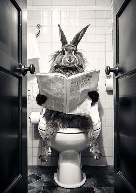 Funny Black and white animal photography with a rabbit reading newspaper on toilet Black And White Animal Photography, Christmas Illustration Design, Zebra Illustration, Newspaper Canvas, Photos Of Animals, Reading Newspaper, New Year Illustration, Animal Portraits, Visual Language