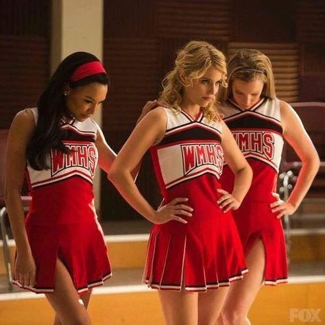 Glee Costume, Glee Cheerios, Unholy Trinity, Diana Agron, Becca Tobin, Matthew Morrison, Cheer Uniforms, Glee Fashion, Film Journal