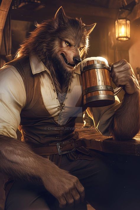 Pathfinder Rpg Characters, Medieval Tavern, Werewolf Aesthetic, Wolf Artwork, Werewolf Art, Art Of Man, Creatures Of The Night, Dnd Art, Wolf Art