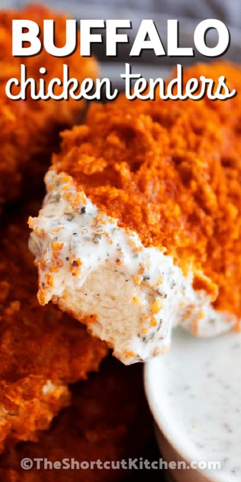 Crispy Buffalo chicken tenders are oven baked for a delicious snack. Breaded Buffalo Chicken Tenders, Breaded Buffalo Chicken, Crispy Buffalo Chicken Tenders, Buffalo Chicken Bread, Baked Buffalo Chicken Tenders, Chicken Tenders Oven, Oven Fried Chicken Tenders, Buffalo Chicken Fingers, Buffalo Chicken Strips