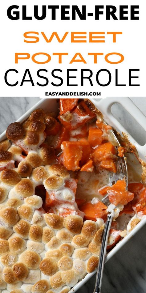 Make this easy Gluten-free sweet potato casserole for your thanksgiving dinner. It is quite delish and budget-friendly! Gluten Free Sweet Potatoes Casserole, Gluten Free Sweet Potato Casserole With Marshmallows, Gf Df Sweet Potato Casserole, Gluten Free Dairy Free Sweet Potato, Gluten Free Side Dishes Thanksgiving, Easy Gluten Free Thanksgiving Recipes, Gf Sweet Potato Casserole, Sweet Potato Casserole Gluten Free, Chunky Sweet Potato Casserole