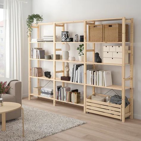 Ikea Wooden Shelves, Ikea Ivar Shelves, Ivar Regal, Wood Shelving Units, Ikea Inspiration, Ikea Wood, Pine Shelves, Ikea Ivar, Ikea Shelves