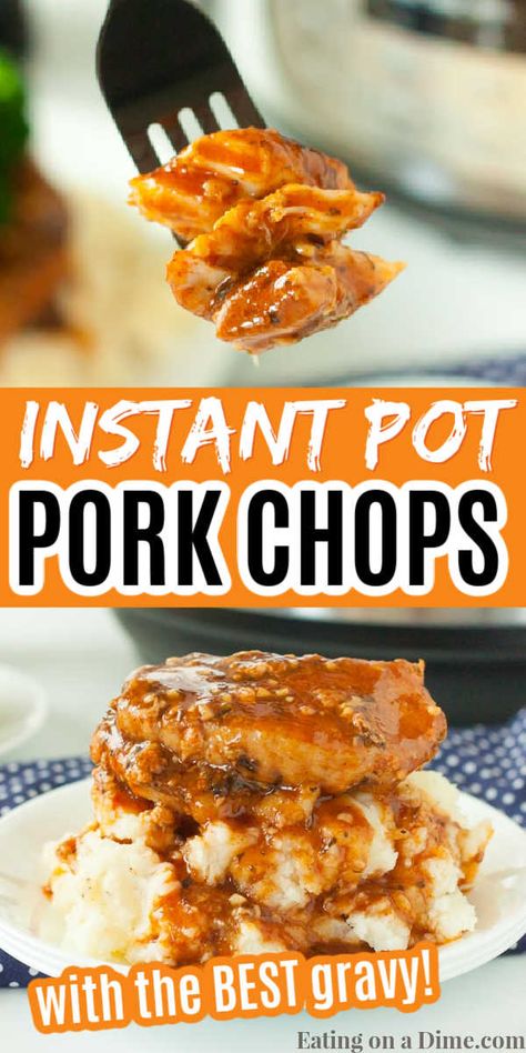 Instant pot pork chops recipe is the best comfort food ready in minutes. Boneless pork with gravy combine for one amazing dinner idea. Make this easy instant pot pork chops boneless meal with potatoes for dinner. #eatingonadime #instantpotporkchopsrecipe #bonelessfrozen Pork Chops And Gravy Instant Pot, Instant Pot Thick Pork Chops Boneless, Instant Pot Pork Chops And Stuffing, Pork Chops In The Instant Pot, Instapot Pork Chops Boneless, Boneless Pork Chops Instant Pot, Instant Pot Pork Chops Boneless, Porkchops Instantpot, Pork Chops Pressure Cooker