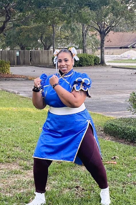 Woman in plus size Chun Li cosplay costume Chun Li Costume, Blue Cheongsam, Chun Li Cosplay, Ribbon Invitation, Plus Size Halloween Costume, Plus Size Cosplay, Plus Size Costumes, Plus Size Halloween, Chun Li