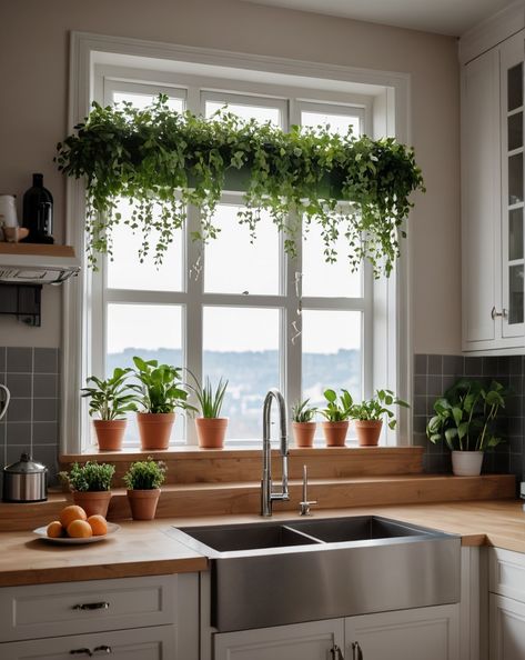 Aesthetic Kitchen Plants, Peekaboo Window In Kitchen, Kitchen Sink Plant Shelf, Kitchen Plants Aesthetic, Plant Shelf Across Window, Kitchen Sink Window Plants, Kitchen Counter Under Window, Plants By Window Indoor, Over The Kitchen Window Ideas