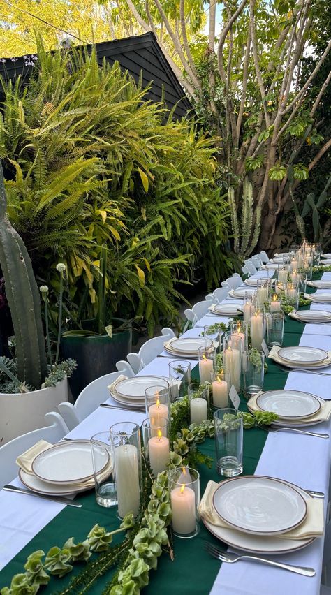 Garden Party 21st Birthday, Sage Green Dinner Party, 21st Dinner Party, Garden Dinner Table, Green Themed Party, Green Garden Party, 35 Birthday, Garden Dinner, Debut Ideas