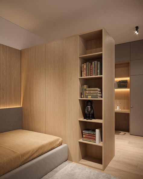 A modern bedroom with built-in shelving. Modern Bedroom Headboard, Backlit Headboard, Bedroom Headboard Wall, House Organization, Upholstered Walls, Boarding House, Tiny Apartments, Headboard Wall, Bedroom Headboard