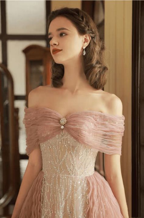 Be the belle of the ball in this dazzling Vintage Pink Lace Patchwork Embroidered Glitter Off-Shoulder Wedding Dress - Plus Size! Shine like a princess with its glitter embroidery and be the envy of all with this show-stopping dress! Fabulous, romantic, and unique—you're sure to make 'em swoon! Fairytale Dress Off The Shoulder, Most Beautiful Ball Gowns, Wedding Dress With Cherry Blossoms, Pink Accent Wedding Dress, Vintage Princess Gown, Pink Sparkly Wedding Dress, Dark Pink Wedding Dress, Pink Whimsical Dress, Vintage Off The Shoulder Wedding Dress