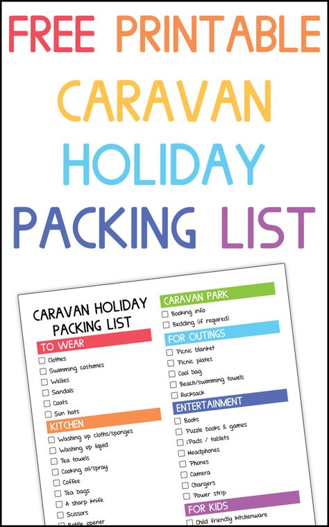 Free printable self-catered caravan holiday packing check list Caravan Checklist Packing Lists, What To Pack For A Caravan Holiday, Caravan Packing List Australia, Caravan Packing List, Self Catering Holiday Packing List, Caravan Holiday Packing List, Caravan List, Caravan Checklist, Caravan Essentials