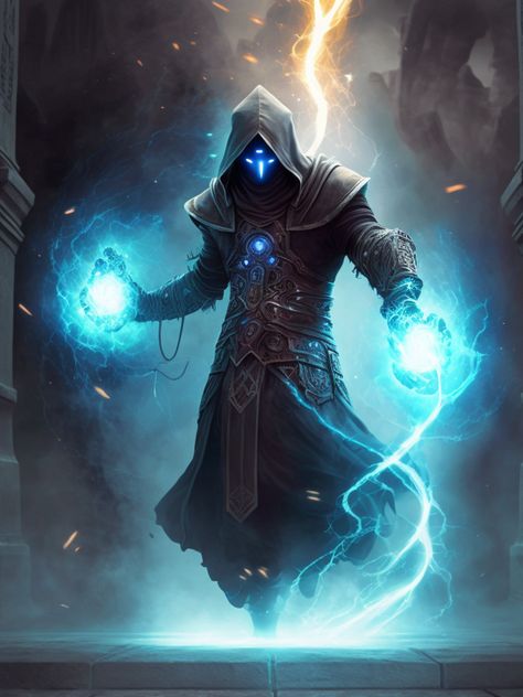 Arcane Magic Concept Art, Evil Wizard Character Design, Futuristic Wizard, Fantasy Mage Art, Lightning Sorcerer, Storm Mage, Robot Wizard, Wizard Concept Art, Techno Wizard