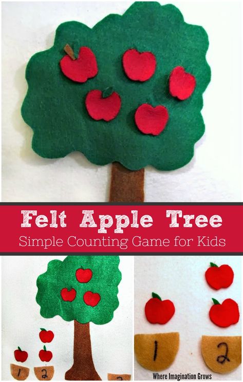 Turn your felt board into a fun fall counting activity! An apple tree! Toddlers and preschoolers can count and sort apples into buckets. It's an engaging fine motor activity that promotes learning to count or even add! Fall Felt Board Stories, Fall Felt Board, Felt Board Ideas For Toddlers, Felt Activities For Toddlers, Apple Tree Activity, Felt Crafts Kids, Diy Felt Board, Felt Games, Toddler Activity Board