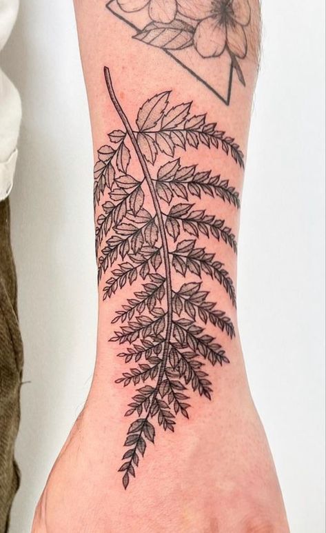 Leg Fern Tattoo, Black Fern Tattoo, Fern Tattoo Linework, Blackwork Fern Tattoo, Fern Dotwork Tattoo, Fern Tattoo, Tattoos And Piercings, I Tattoo, Tatting