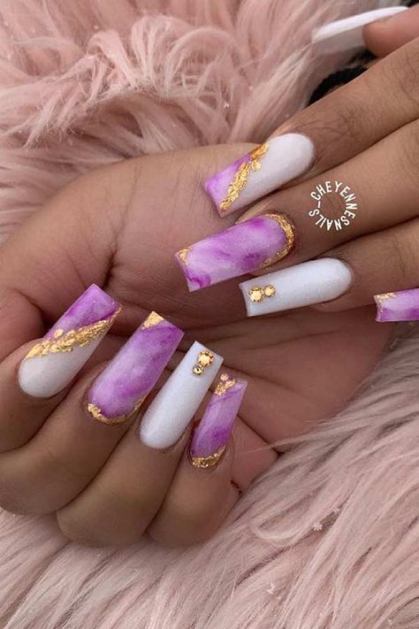 Nail Thang, Pretty Mail, Freestyle Nails, Gold Acrylic Nails, Rainbow Nail, Purple Acrylic Nails, Lovely Nails, Nails Aesthetic, Long Acrylic Nails Coffin