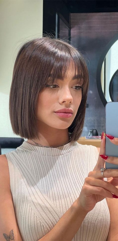 Chic Bob With Bangs, Classic Bob With Bangs, Bob Cut With Bangs Round Face, Short Bob With Bangs Round Face, Long Face Short Hair, Textured Bob With Bangs, Gray Highlights Brown Hair, Bob Variations, Bob And Bangs