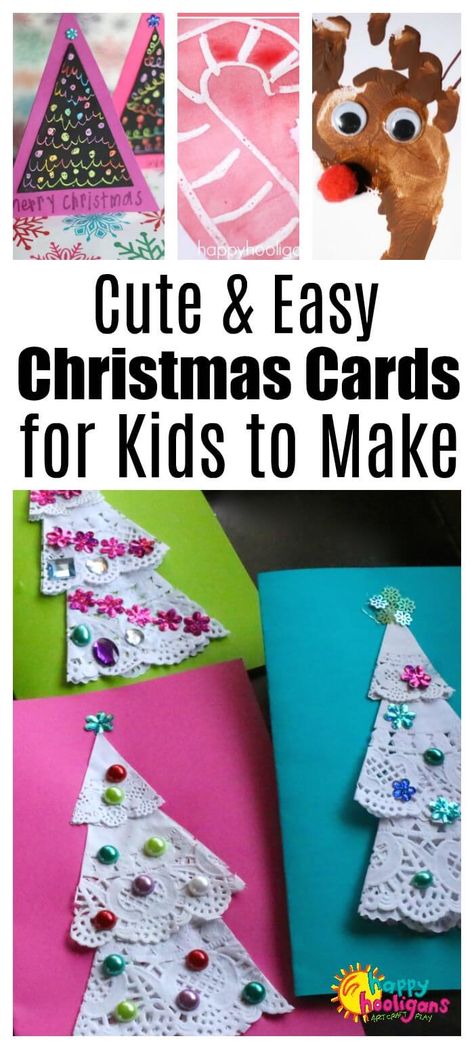 Cute and Creative homemade Christmas cards for kids to make. Easy, minimal supplies and super-cute. #happyhooligans #ChristmasCrafts #HomemadeCards #HomemadeChristmasCardIdeas #PaperCrafts #KidsCrafts #CraftsForKids #KidsArt #DaycareCrafts #PreschoolCrafts #ToddlerCrafts Homemade Christmas Cards For Kids, Cards For Kids To Make, Christmas Cards For Kids, Christmas Cards Kids, Simple Christmas Cards, Quick Crafts, Cards For Kids, Homemade Christmas Cards, Christmas Activities For Kids