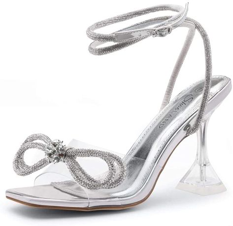 Amazon.com | Shoe Land SL-NAOMI Women's Open Toe Open Back Stiletto Heel Dress Shoes Perspex Vamp With Bow Sandals ClearSilver 5.0 | Heeled Sandals Crystal Wedding Shoes, Amazon Favs, Clear High Heels, Clear Sandals, Outfits Stylish, Dream Prom, Crystal Sandals, Crystal Shoes, Bow Sandals