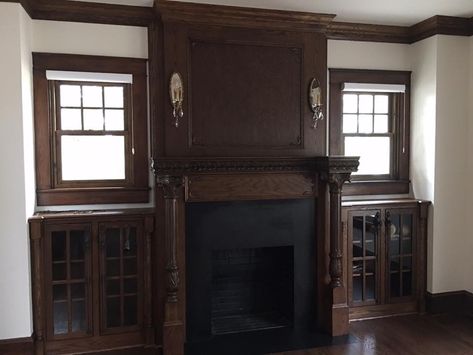 Dark Wood Fireplace Surround, Dark Brown Fireplace, Dark Wood Fireplace, Brown Fireplace, Black Brick Fireplace, Wood Fireplace Surrounds, Brown Bookcase, Black Subway Tiles, Dark Stained Wood