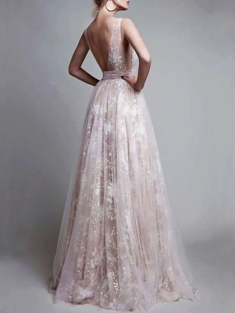 A-Line/Princess V-neck Floor-Length Tulle Sleeveless Applique Dresses Tulle Long Dress, Champagne Prom Dress, Lace Evening Gowns, V Neck Prom Dresses, Tulle Evening Dress, Floor Length Prom Dresses, Prom Dresses Sleeveless, Lace Prom Dress, Backless Prom Dresses