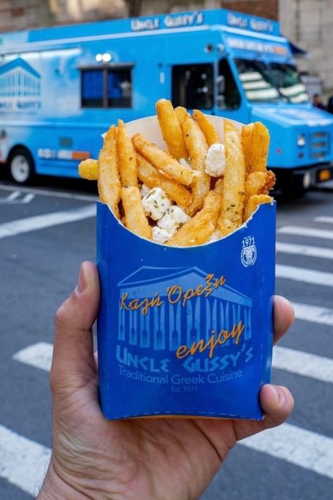 Greek Fries from Uncle Gussy's food truck. Book the New York staple food truck for your next private event through our website. #foodtruck #NYCfood #NYCfoodtruck Food Truck Fries, Food Truck Food Photography, Food Truck Photography, Greek Food Truck, Fungi Recipe, Burger Branding, Greek Fries, Food Truck Food, Packaging Snack