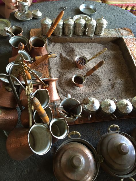 Sirince Village - Turkey. Turkish sand coffee Turkish Coffee Table, Turkish Coffee Aesthetic, Arabic Cafe, Yemen Culture, Arab Coffee, Turkish Aesthetic, Arabic Restaurant, Turkish Cafe, Turkey Coffee