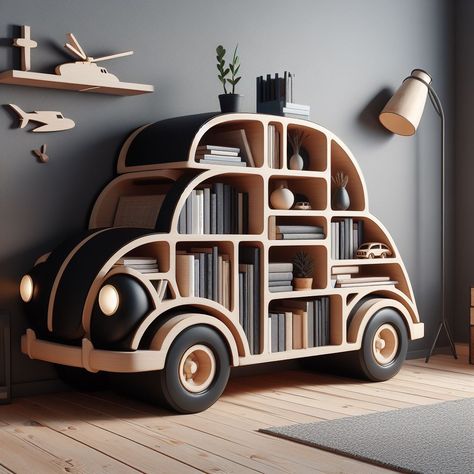 Car shaped bookshelf 🚗📚 Design Creative Ideas, Bookshelf Designs, Funny Furniture, Creative Car, Kids Room Furniture, Bookshelf Design, Home Library, Design Creative, Inspirational Books