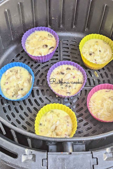 Air fryer Egg Bites - Rachna cooks Egg Bites Silicone Mold Air Fryer, Egg Bites Air Fryer Recipes, Air Fryer Egg Bites, Air Fryer Recipes Eggs, Coddled Eggs, Bariatric Meals, Keto Board, Cottage Cheese Eggs, Air Fryer Oven Recipes