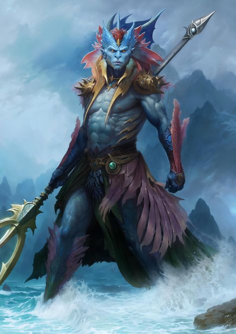 Ocean People Fantasy Art, Dnd Triton Character Design, Merfolk Warrior, Triton Character Art, Water Genasi Paladin, Atlantis Warrior, Atlantean Character Design, Atlantean Armor, Triton Barbarian