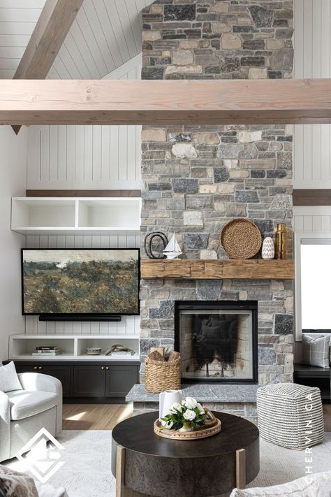 Cottage living room wall unit with white and grey open and closed cabinetry and stone fireplace with wood mantel. Cottage Great Room, Custom Wall Unit, Creative Cabinet, Cottage Outdoor, Wood Mantel, Cottage Living Room, Living Room Wall Units, Cottage Living Rooms, Wood Mantels