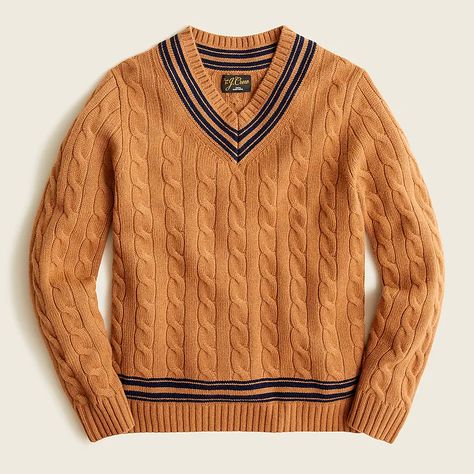 J.Crew: Cashmere Cable-knit V-neck Cricket Sweater For Men Cricket Sweater, Soft Sweaters, J Crew Mens, Raglan Sleeve Sweater, Boyfriend Sweater, Crisp Autumn, Mens Cashmere, Sweater Brown, When You See It