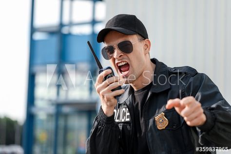 Stock Image: Aggressive police officer with two-way radio outdoors Police Radio, Two Way Radio, Police Officer, Adobe Stock, Art Reference, Stock Images, Stock Photos, Art