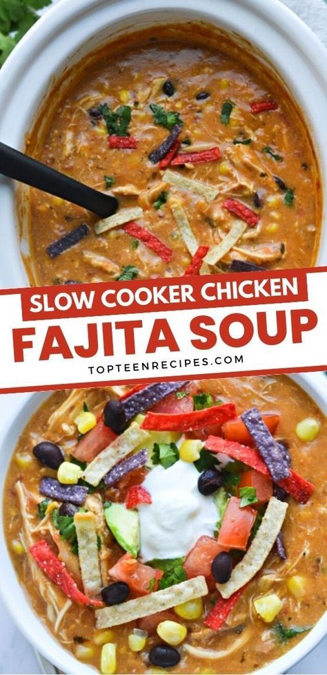 Slow Cooker Chicken Fajita Soup is an easy dump-and-go recipe! A creamy soup loaded with shredded chicken, black beans, corn, salsa, cheese, and spices. Oh and don’t forget the toppings! Tortilla strips, sour cream, avocado, tomatoes, and cilantro are great topping options. Crockpot chicken fajita soup makes an easy and flavorful soup recipe perfect for any day of the week. Crockpot Chicken Taco Soup, Fajita Soup Recipe, Fajita Soup, Chicken Soup Crockpot, Chicken Black Beans, Chicken Tortilla Soup Crock Pot, Chicken Tortilla Soup Easy, Gourmet Soup, Chicken Fajita Soup