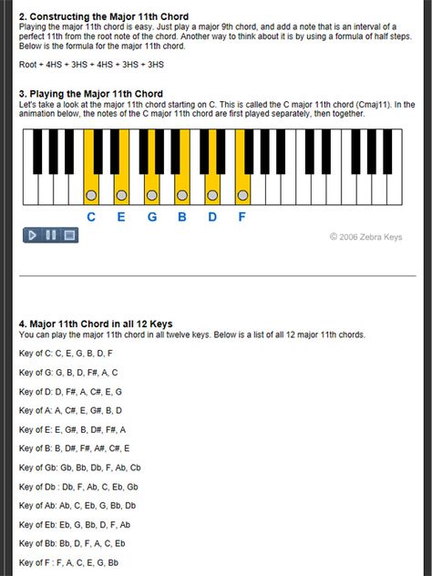 Music Lesson 48 - Learn how to construct Major 11th Chords, the formular is: Root + 4HS + 3HS + 4HS + 3HS + 3HS,  see the full list of all the Maj  11th Chords at http://www.zebrakeys.com/lessons/advanced/chords/?id=48 Piano Tabs, Chords Piano, Free Piano Lessons, Learn To Play Piano, Keyboard Lessons, Beginner Piano, Online Piano Lessons, Types Of Learners, Blues Piano