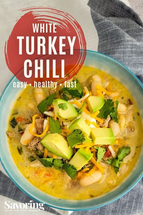 Our White Turkey Chili replaces tomatoes and beef with a plethora of chile peppers and ground turkey for an easy, healthy, fast dinner. This chili recipe is just as hearty and full-flavored but a bit lighter on its feet. White Turkey Chili, White Bean Turkey Chili, Ground Turkey Chili, White Bean Chili, Turkey Tenderloin, Chili Toppings, Chile Peppers, Fast Dinner, Chili Recipe Turkey