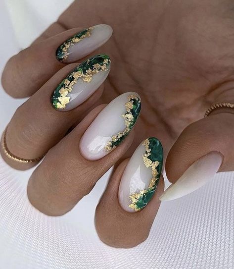 Green With Gold Nails, Loki Inspired Nails, Nails Art Designs Summer, Nails With Gold Flakes, Summer Nails Art Designs, Summer Nail Art Designs, Summer Nails Art, White Nails With Gold, Girls Nail Designs