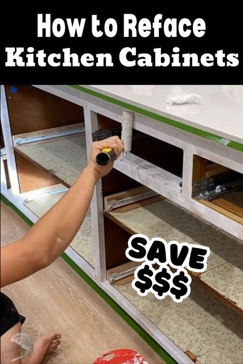 Learn how to reface your kitchen cabinets for a budget-friendly upgrade. Give old kitchen cabinets brand new life with this full detailed tutorial and video. Repair Old Kitchen Cabinets, Upgrade Old Cabinets, How To Repurpose Kitchen Cabinets, Diy Cabinet Upgrade, 1970 Kitchen Cabinets Makeover, How To Resurface Kitchen Cabinets, Refinish Kitchen Cabinets Wood, How To Reface Kitchen Cabinets Diy, How To Update Kitchen Cabinets