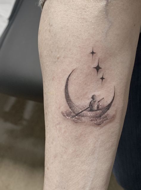 The moon boat Inspired tattoo by Faisal Al-lami @tattoo.sal ——- For booking and info Tattoo.sal.Inquiries@gmail.com ——- #dallastattooartist #microtattoo #moontattoo #art #drawing #smalltattoo #moon #startstattoo #sleevetattoo #blackandgreytattoo #deepellum #deepellumtattoo #dfwtattoos #dallas #texas #texasgirls #realismtattoo #microtattoos Moon With Water Tattoo, Skeleton On Moon Tattoo, Reaching For The Moon Tattoo, Hung The Moon Tattoo, Moon Boat Tattoo, Man In The Moon Tattoo Designs, Christian Moon Tattoo, Moon River Tattoo Ideas, Moon And Tides Tattoo