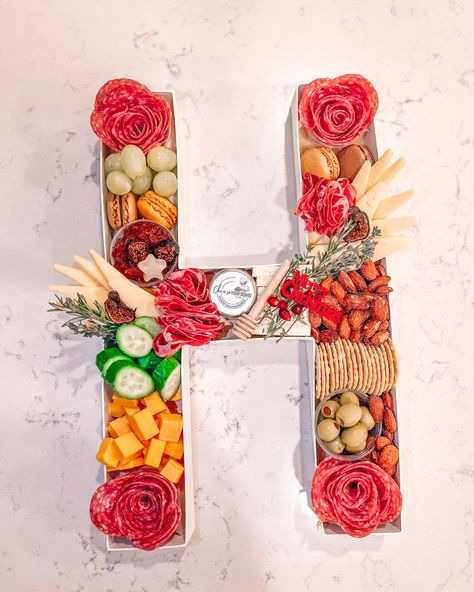 Letter H Charcuterie Board, Letter Charcuterie Board, Fruits Board, Letter Charcuterie, Charcuterie Letters, Party Food Trays, Grazing Food, Party Tray, Food Boards