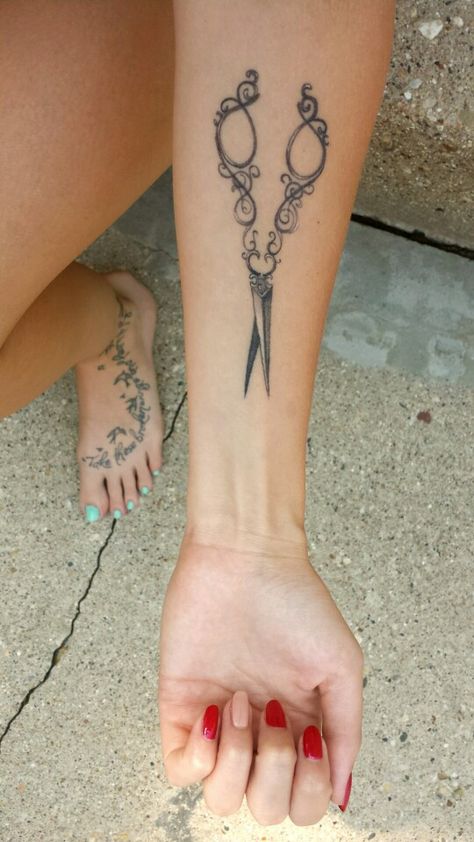 Cosmetology tattoo #vintage #shears Siccors Tattoos, Beauty Industry Tattoos, Grooming Shears Tattoo, Sewing Scissors Tattoo, Cosmetology Scissors Tattoo, Hairstylist Shears Tattoo, Hair Scissors Tattoo, Vintage Shears Tattoo, Shears Tattoo Cosmetology