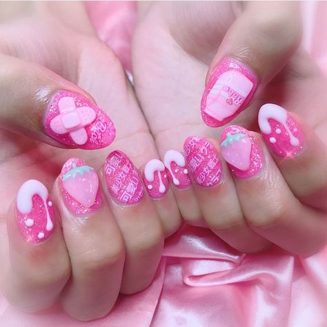 Gyaru Nails, Strawberry Nails, Deco Nails, Japanese Nail Design, Kawaii Nail Art, Cute Simple Nails, Really Cute Nails, Nails Prom, Soft Nails