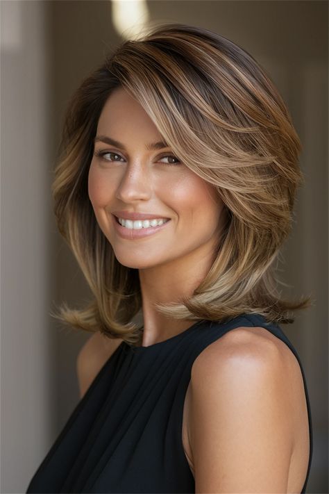 Discover the beauty of balayage hair in stunning layered styles perfect for any season! Whether you prefer chin length, shoulder length, or long hair, a layered balayage can enhance your look with depth and dimension. From soft babylights to striking ombre effects, this technique allows for a low-maintenance yet vibrant hairstyle. Embrace the chic contrast of dark roots and highlights, and find your perfect color this Spring! #BalayageHair #HairInspo #LayeredHair #HairGoals Layered Haircuts For Women Short, Hair Colour For Shoulder Length Hair, Hair Color Styles For Long Hair, Above The Shoulder Haircut With Layers And Bangs, Dark Blonde Highlighted Hair, Shoulder Length Hair With Soft Layers, Half Updo Medium Hair, Light Brown Hair With Caramel Highlights Shoulder Length, Shoulder Length Hair Balayage Brunettes