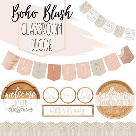 Boho Blush Style Classroom Decor - Borders, Banners, Signs, and More! Pink Boho Classroom, Boho Style Bulletin Board, Boho Retro Bulletin Board, Boho Bulletin Board Border, Pink Classroom Theme, Boho Teacher Sign, Pink Classroom Decor, Positive Signs, Pink Classroom