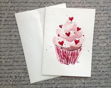 Valentine's Watercolor, Valentines Cupcake, Watercolor Cupcake, Valentines Day Drawing, Valentines Watercolor, Cupcake Card, Watercolor Birthday Cards, Birthday Card Drawing, Christmas Card Art