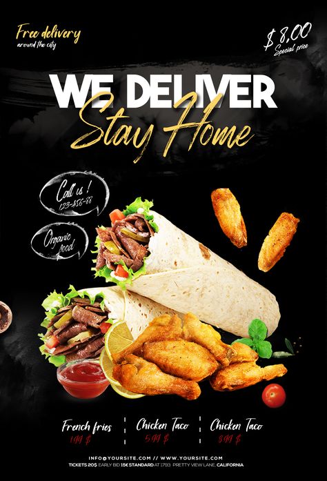 Download Home Delivery Food PSD Flyer Template for free. This flyer is editable and suitable for any type of any food & beverage related businesses #free #Flyer #Food #DeliveryFood #FastFood Flyer Food Design, Food Poster Ideas, Food Flyer Design Ideas, Free Delivery Design, Fast Food Flyer, Free Food Delivery, Food Flyer Design, Design Cibo, Delivery Food